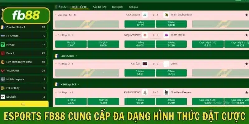 Lựa chọn đặt cược Esports tại FB88 với đa dạng kèo cược